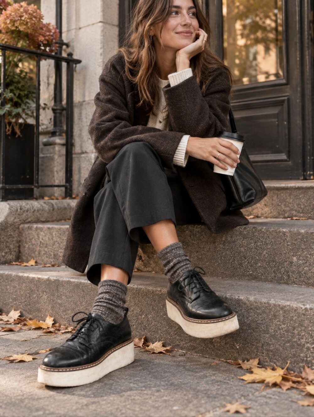 L’Intervalle Genuine Leather Black Platform Oxfords